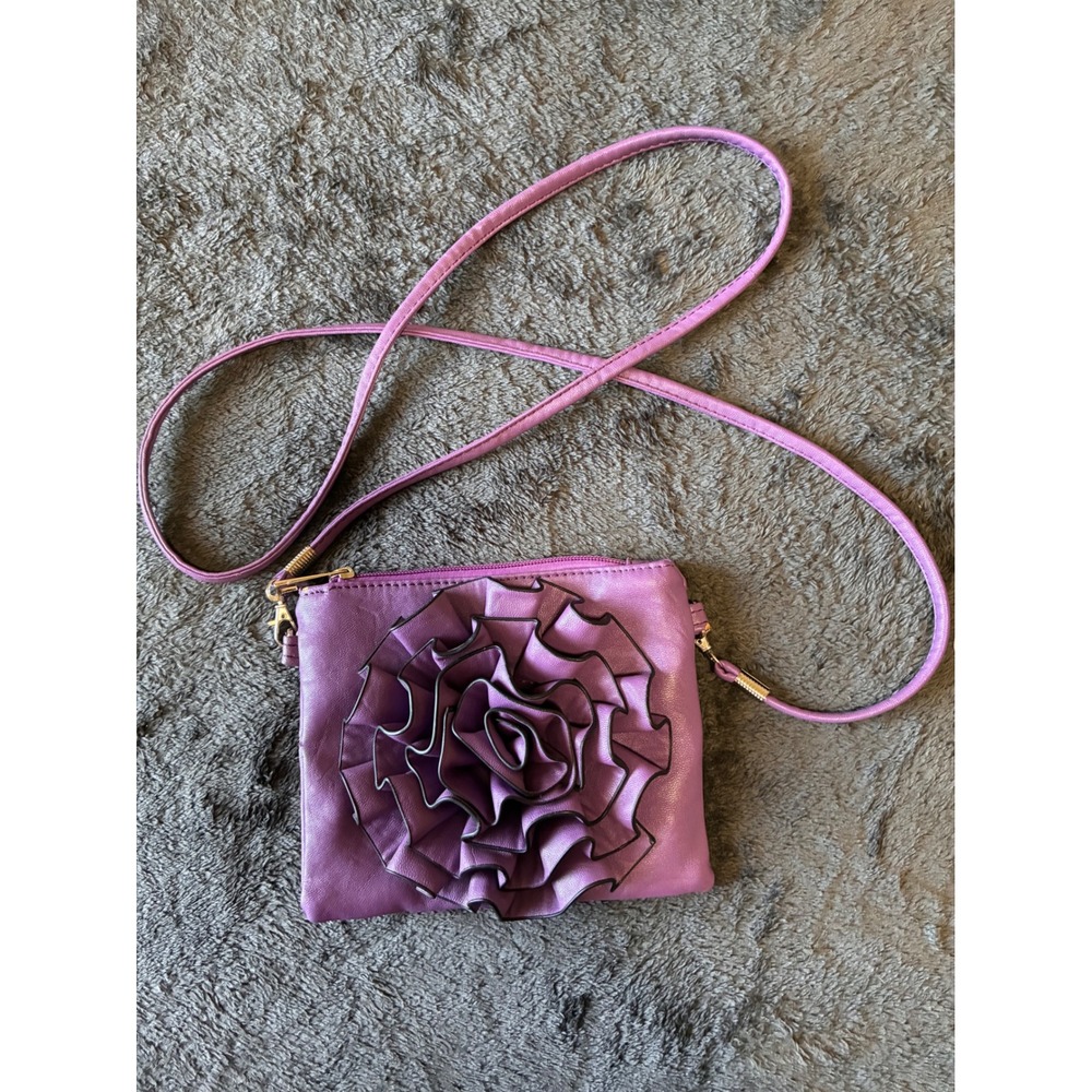 Purple Rosette Floral Crossbody Bag Faux Leather Small Evening Purse Gold Tone